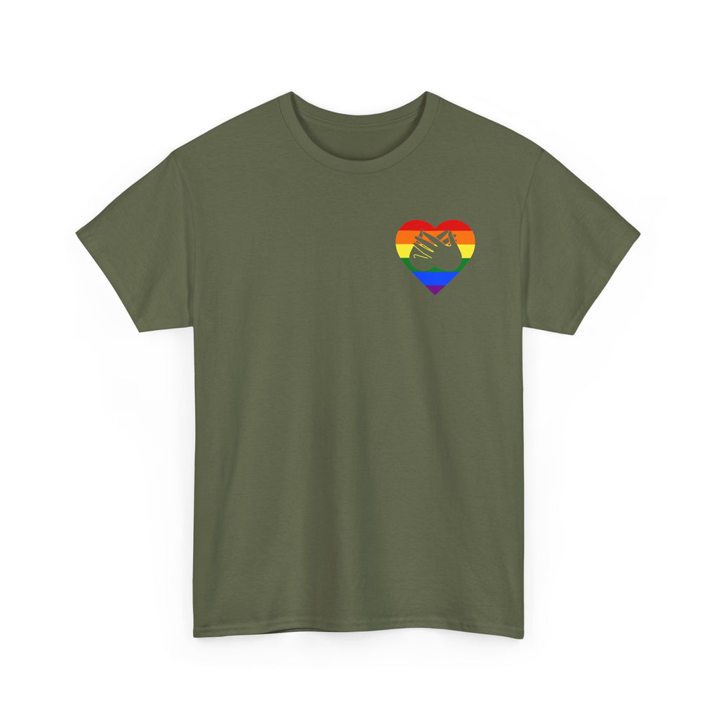 Front view of a military green T-Shirt showing a pride coloured heart and the iconic BSL Love sign embedded in it on the left side of the chest