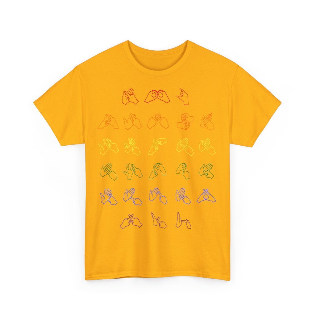 Front view of a gold t-shirt with BSL Alphabet - Pride Fingerspelling
