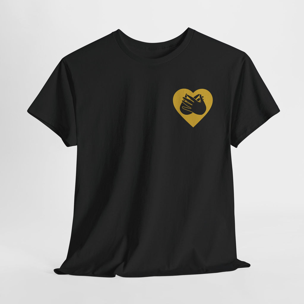 Front view of a black T-Shirt showing a gold coloured heart and the iconic BSL Love sign embedded in it on the left side of the chest, on a light grey background