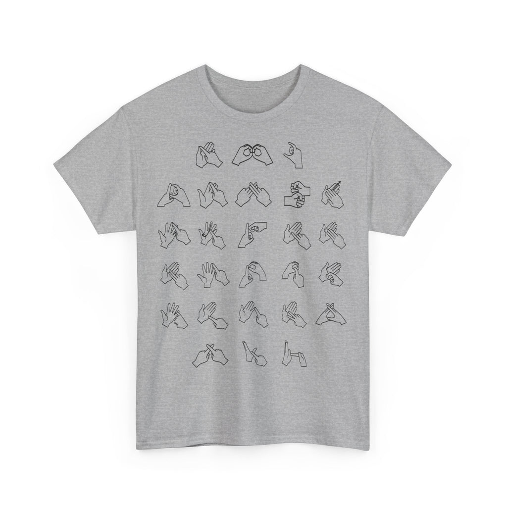 Front view of a sport grey t-shirt with BSL Alphabet - Black Fingerspelling