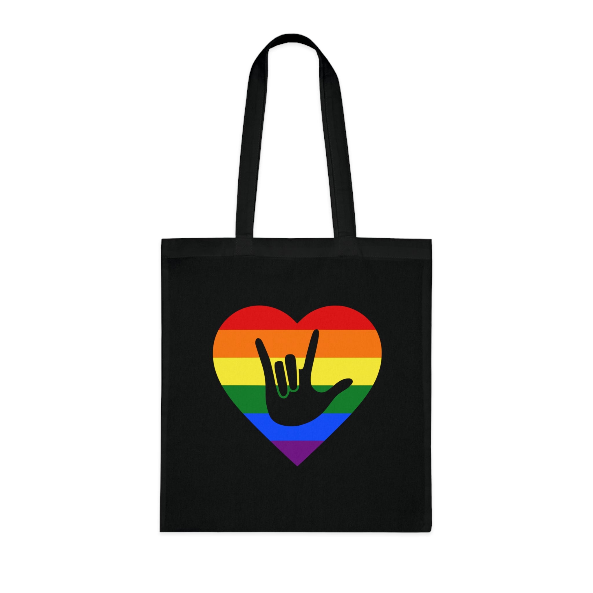 Black Tote Bag showing a Pride coloured heart and the iconic ASL I Love You sign embedded in it