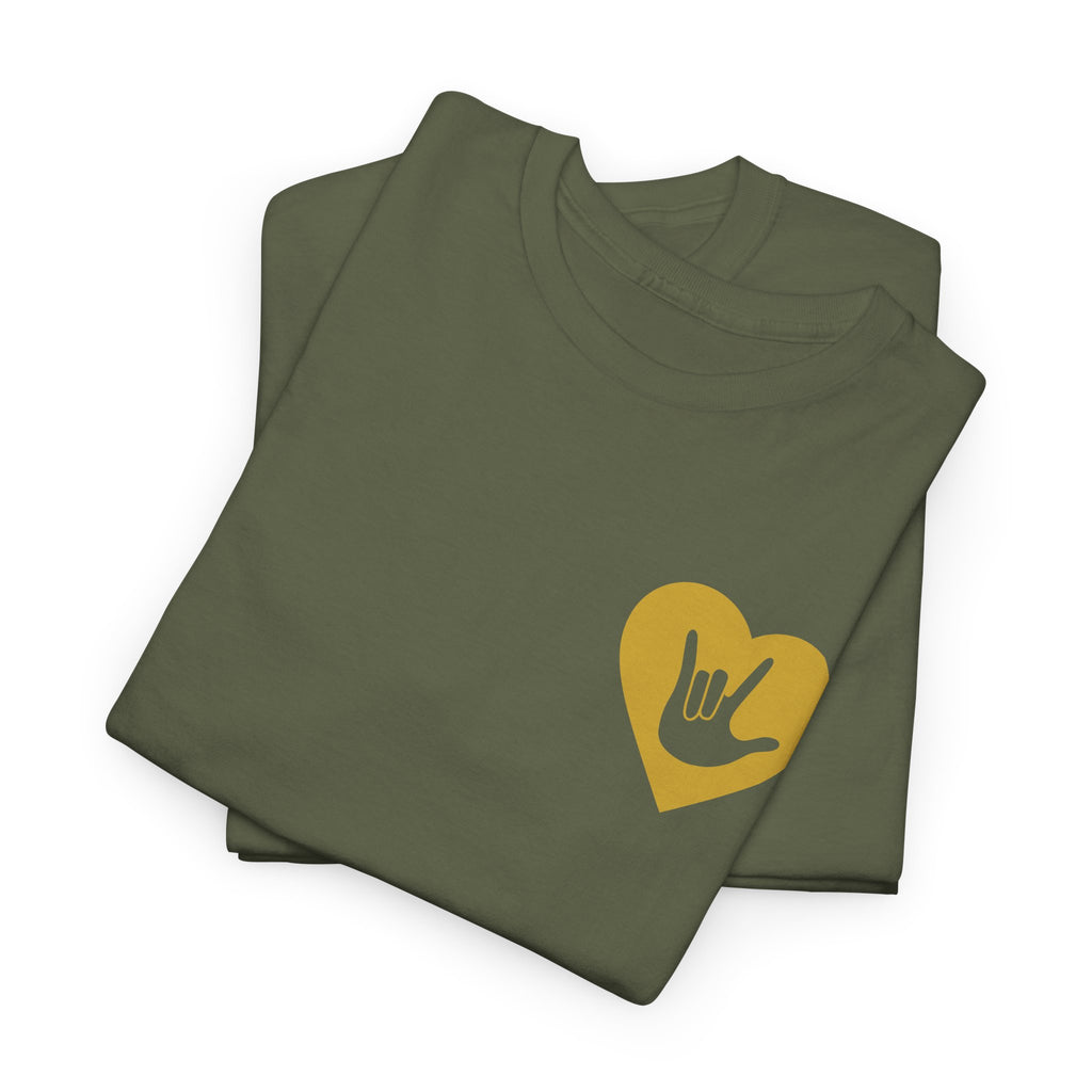 Folded military green T-Shirt showing a gold coloured heart and the iconic ASL I Love You sign embedded in it on the left side of the chest