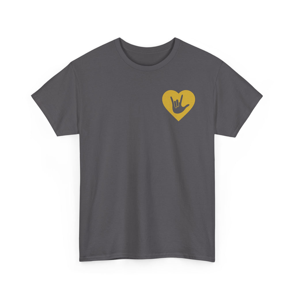 Front view of a charcoal T-Shirt showing a gold coloured heart and the iconic ASL I Love You sign embedded in it on the left side of the chest