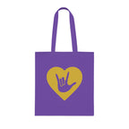 Lavender Tote Bag showing a gold coloured heart with the iconic ASL I Love You sign embedded in it