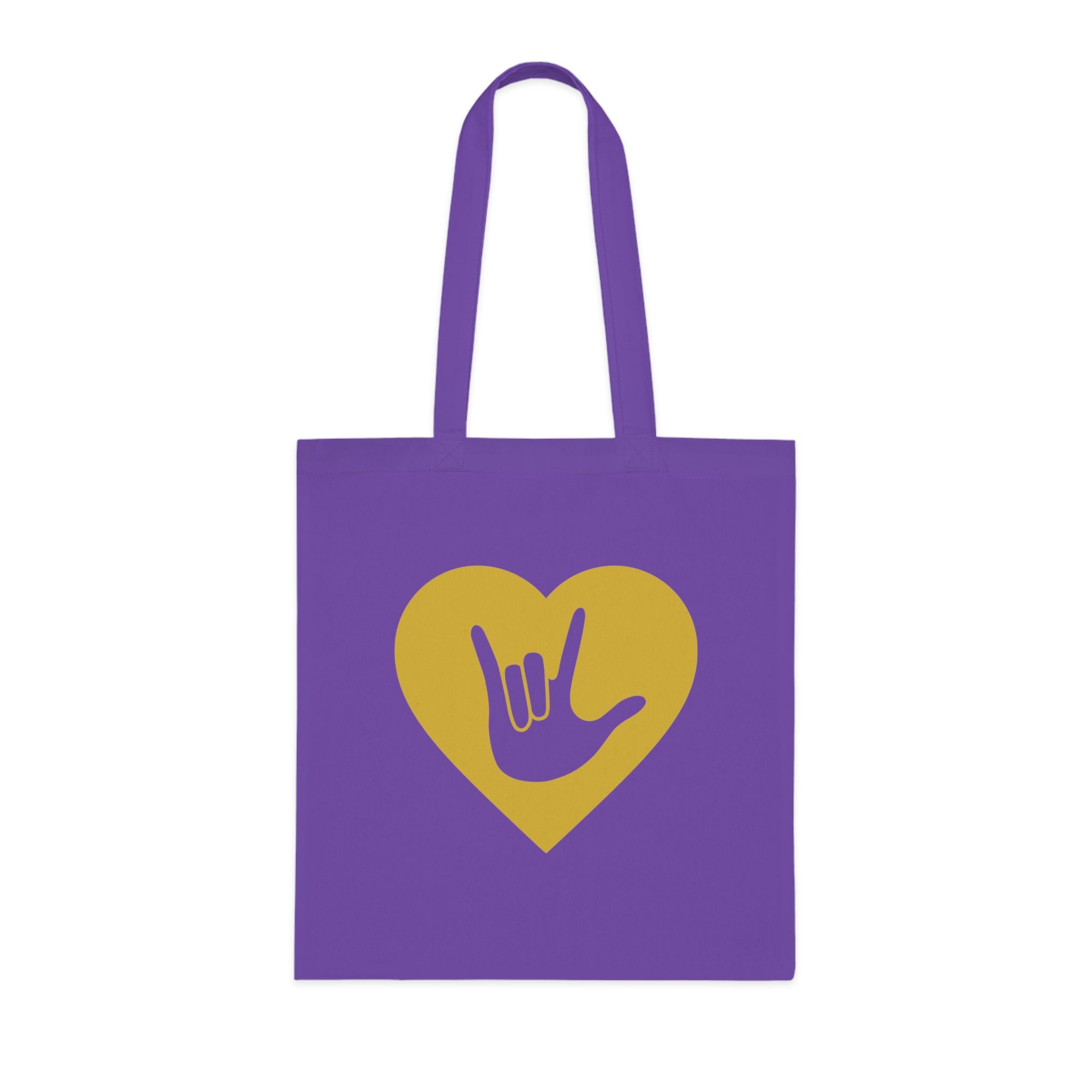 Lavender Tote Bag showing a gold coloured heart with the iconic ASL I Love You sign embedded in it