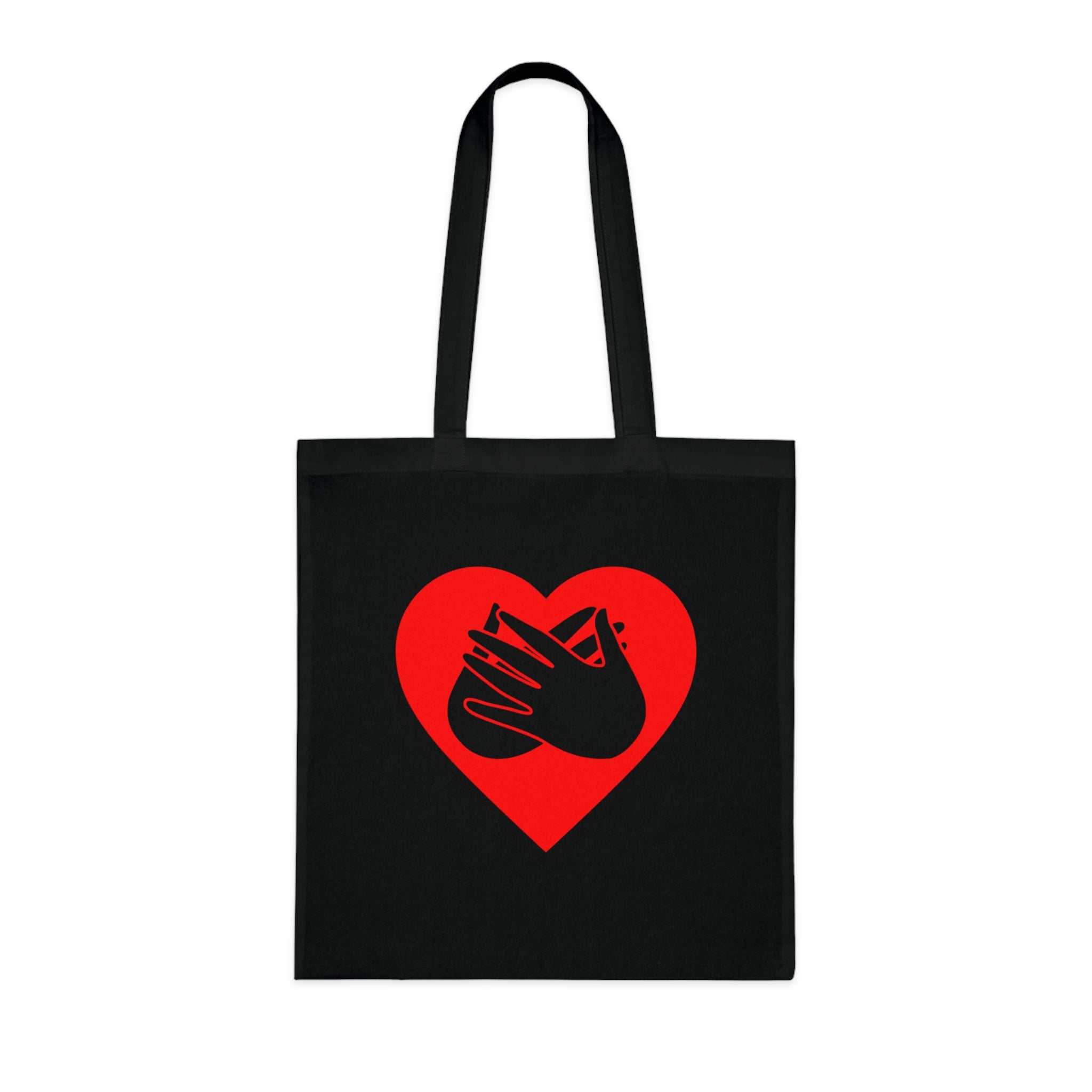 Black Tote Bag showing a red coloured heart and the iconic BSL Love sign embedded in it