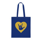 Royal blue Tote Bag showing a gold coloured heart with the iconic ASL I Love You sign embedded in it