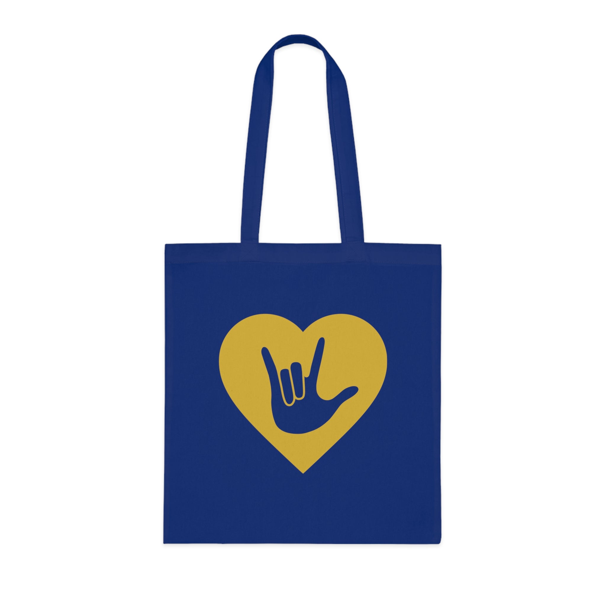 Royal blue Tote Bag showing a gold coloured heart with the iconic ASL I Love You sign embedded in it