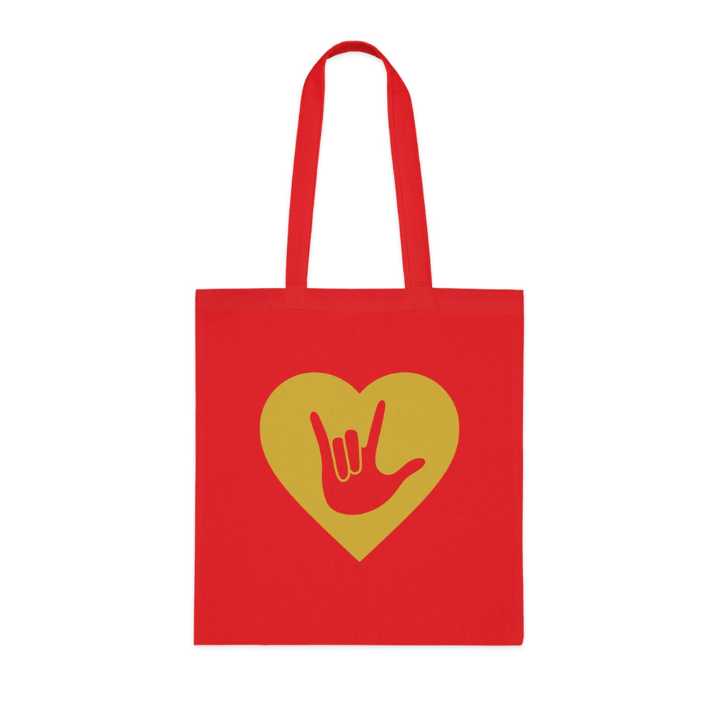 Red Tote Bag showing a gold coloured heart with the iconic ASL I Love You sign embedded in it
