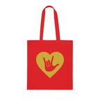 Red Tote Bag showing a gold coloured heart with the iconic ASL I Love You sign embedded in it