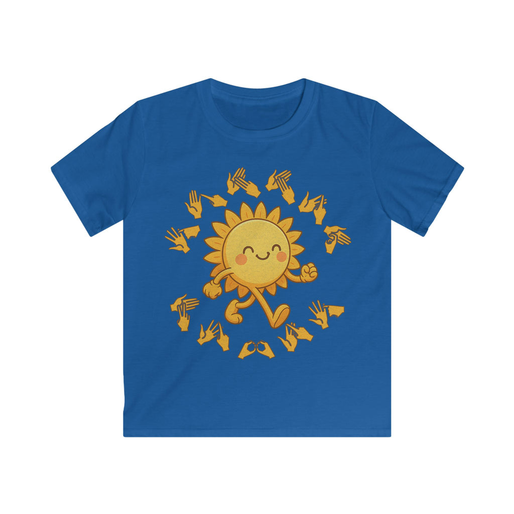 Royal kids' t-shirt with a cheerful sunshine character and the phrase "summer vibes" in bold BSL fingerspelling handshapes, in a lightly textured style.