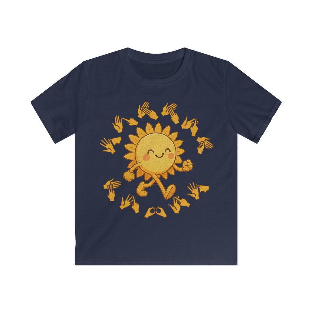 Navy kids' t-shirt with a cheerful sunshine character and the phrase "summer vibes" in bold BSL fingerspelling handshapes, in a lightly textured style.
