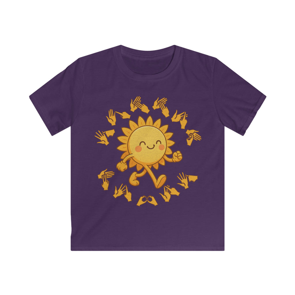 Purple kids' t-shirt with a cheerful sunshine character and the phrase "summer vibes" in bold BSL fingerspelling handshapes, in a lightly textured style.