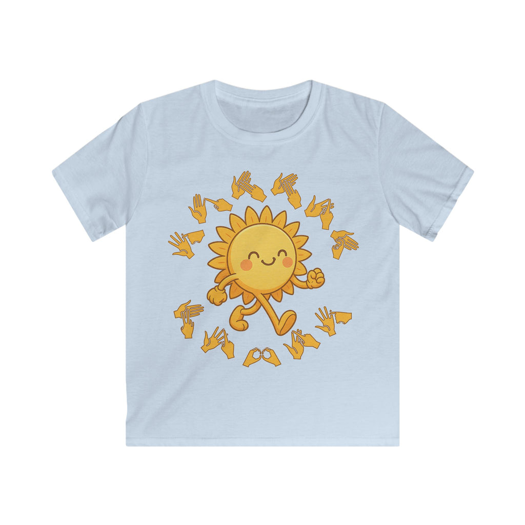 Light blue kids' t-shirt with a cheerful sunshine character and the phrase "summer vibes" in bold BSL fingerspelling handshapes, in a lightly textured style.