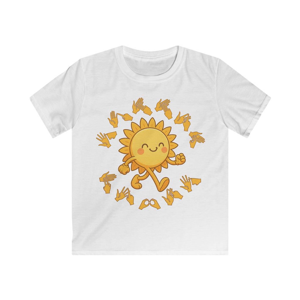 White kids' t-shirt with a cheerful sunshine character and the phrase "summer vibes" in bold BSL fingerspelling handshapes, in a lightly textured style.