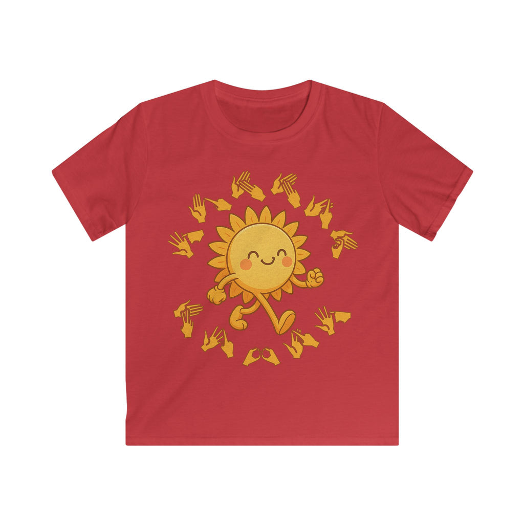 Red kids' t-shirt with a cheerful sunshine character and the phrase "summer vibes" in bold BSL fingerspelling handshapes, in a lightly textured style.