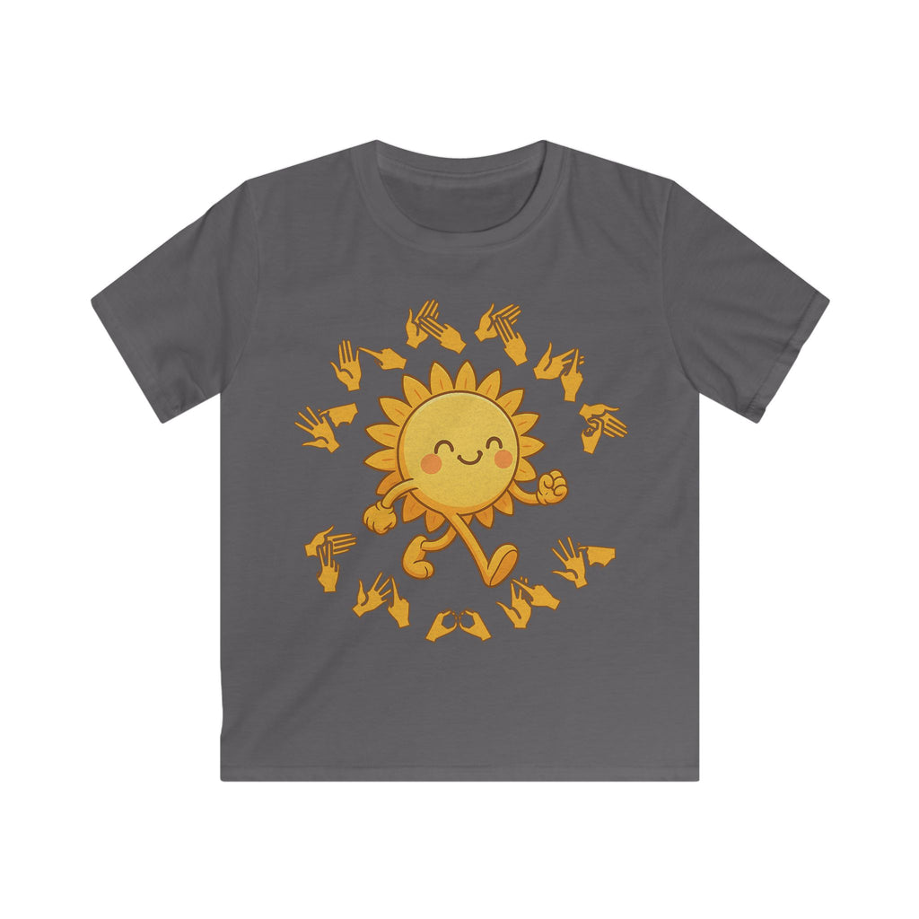 Charcoal kids' t-shirt with a cheerful sunshine character and the phrase "summer vibes" in bold BSL fingerspelling handshapes, in a lightly textured style.