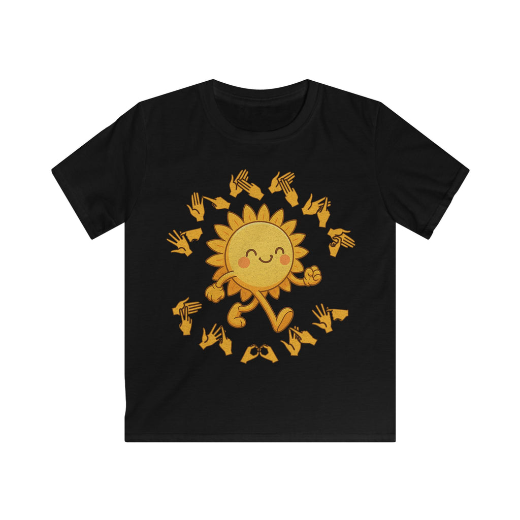 Black kids' t-shirt with a cheerful sunshine character and the phrase "summer vibes" in bold BSL fingerspelling handshapes, in a lightly textured style.