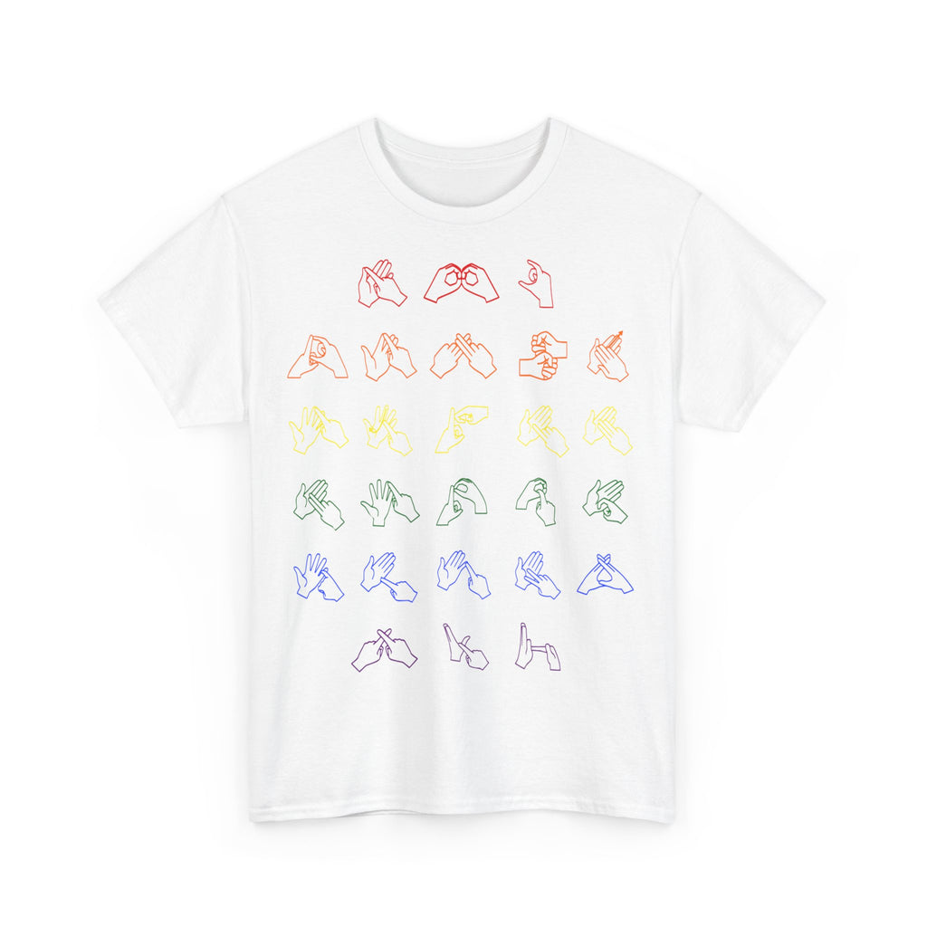 Front view of a white t-shirt with BSL Alphabet - Pride Fingerspelling
