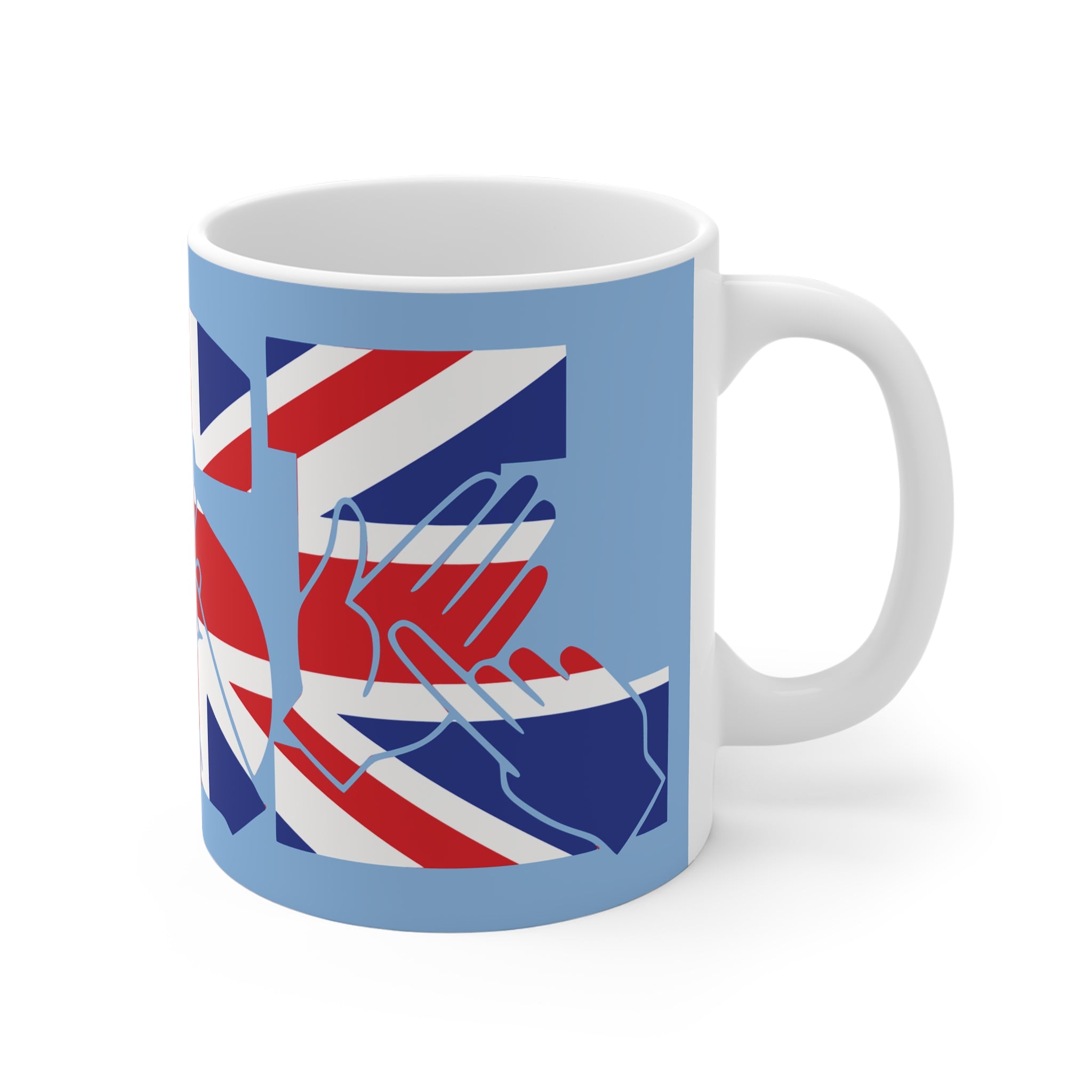 A  mug showing the L from the BSL acronym in fingerspelling and text with Union Flag colours on a blue background.