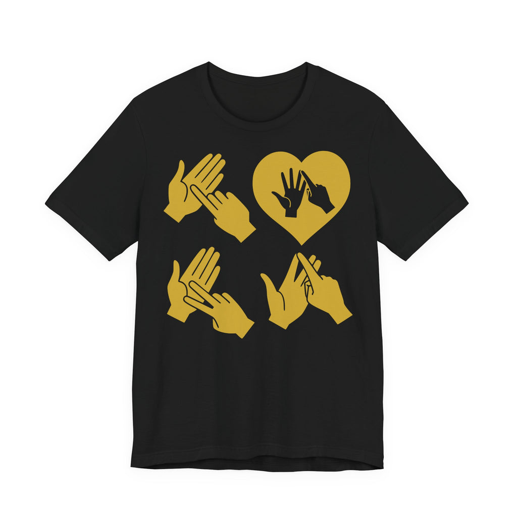 Front view of a black T-Shirt with the word Love in gold BSL Fingerspelling with the 'O' embedded in a heart shape