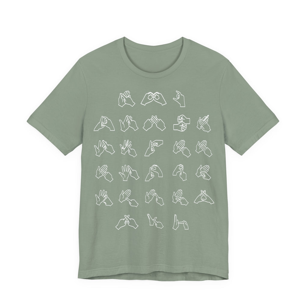 Front view of a sage t-shirt with BSL Alphabet - White Fingerspelling