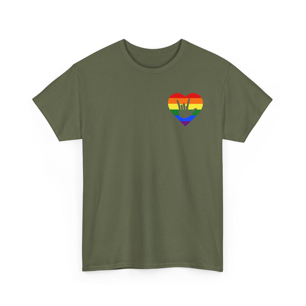 Front view of a military green T-Shirt showing a pride coloured heart and the iconic ASL I Love You sign embedded in it on the left side of the chest