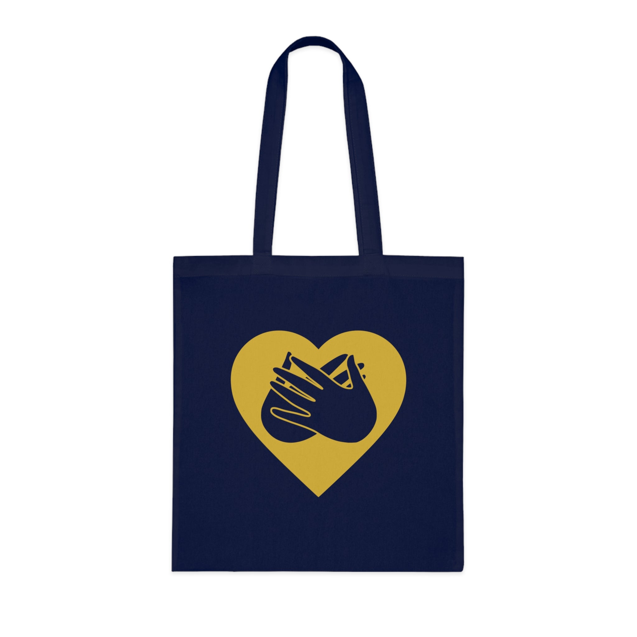 Navy blue Tote Bag showing a gold coloured heart and the iconic BSL Love sign embedded in it