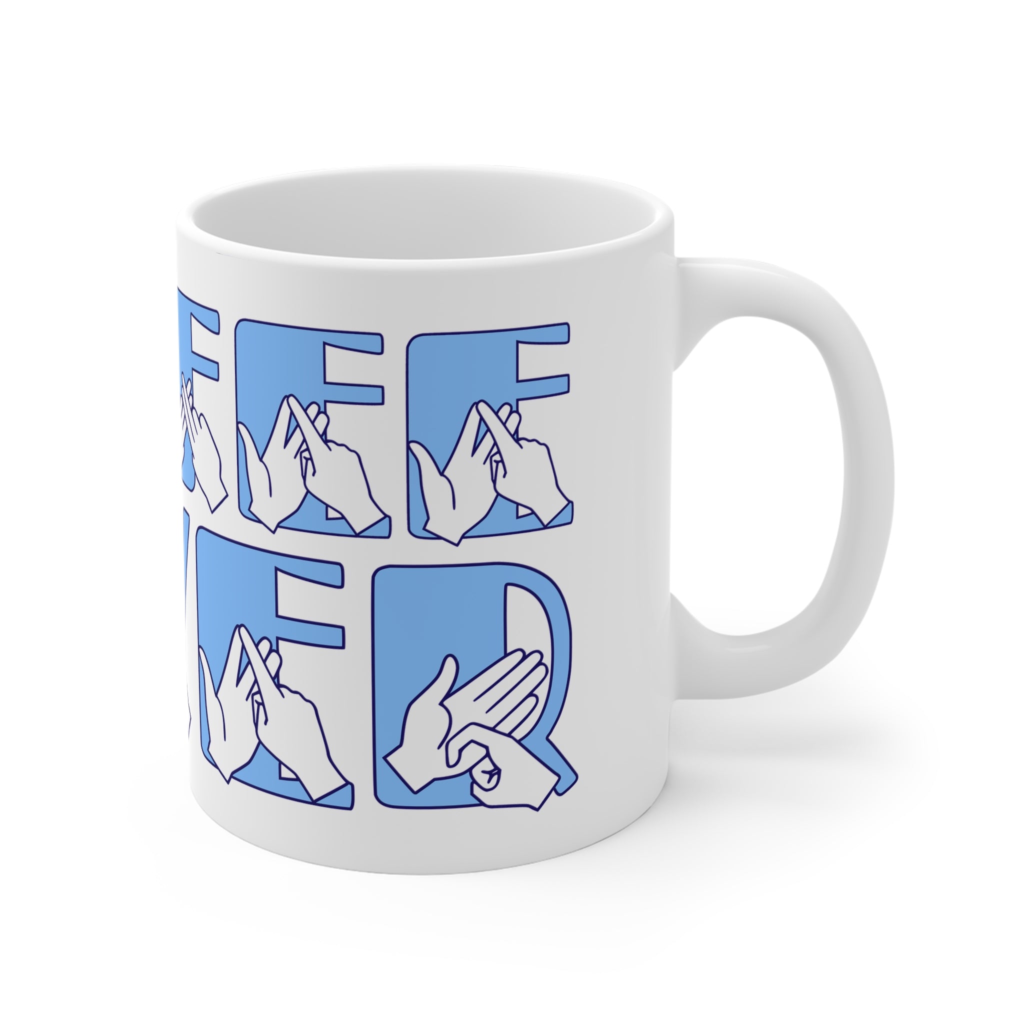 White mug featuring the phrase Coffee Lover written in BSL Fingerspelling and Text wrapping around the mug in blue. The mug handle is on the right hand side of the mug.