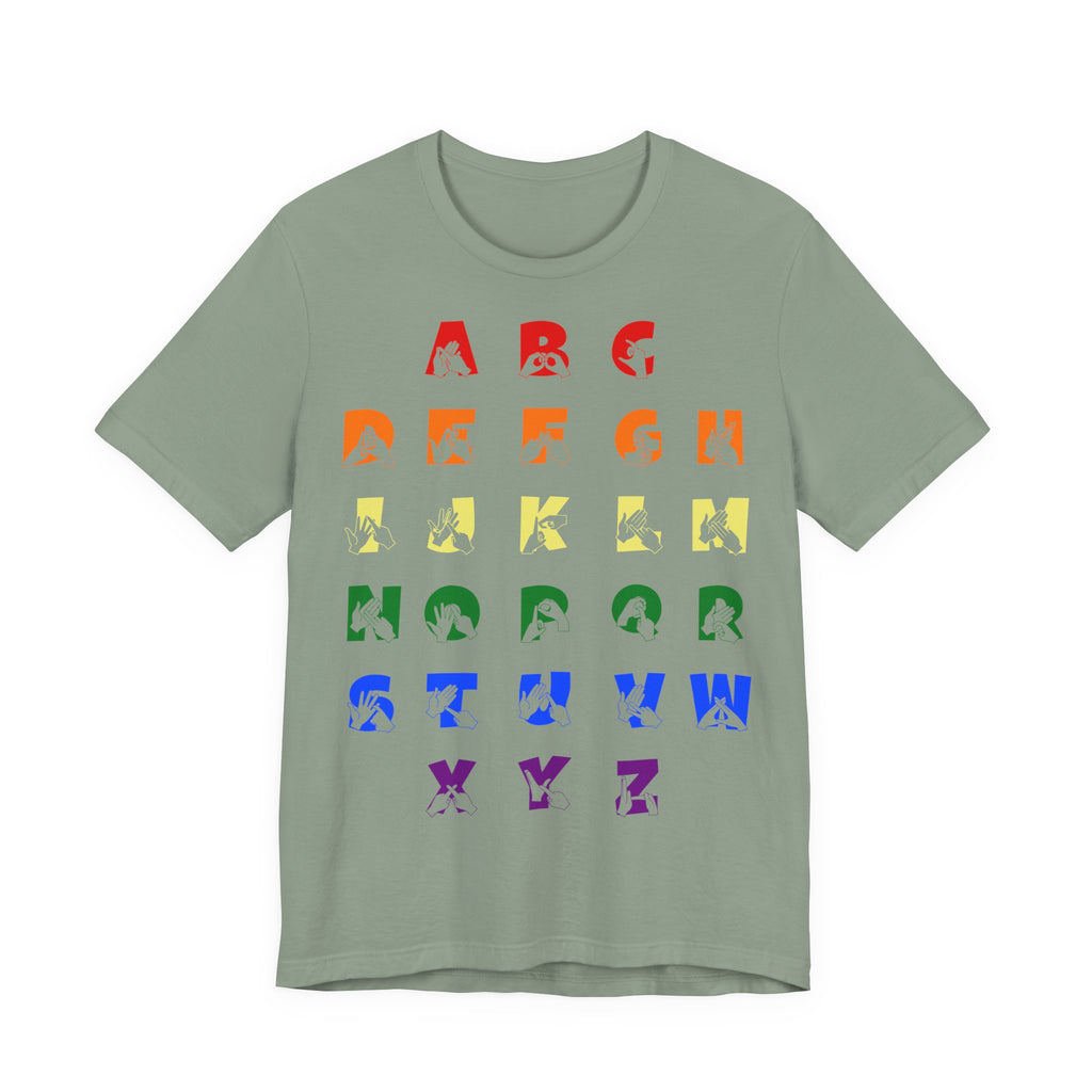 Front view of a sage t-shirt with BSL Alphabet - Pride Fingerspelling & Text