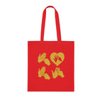 Red Tote Bag with the word Love in gold BSL Fingerspelling with the 'O' embedded in a heart shape