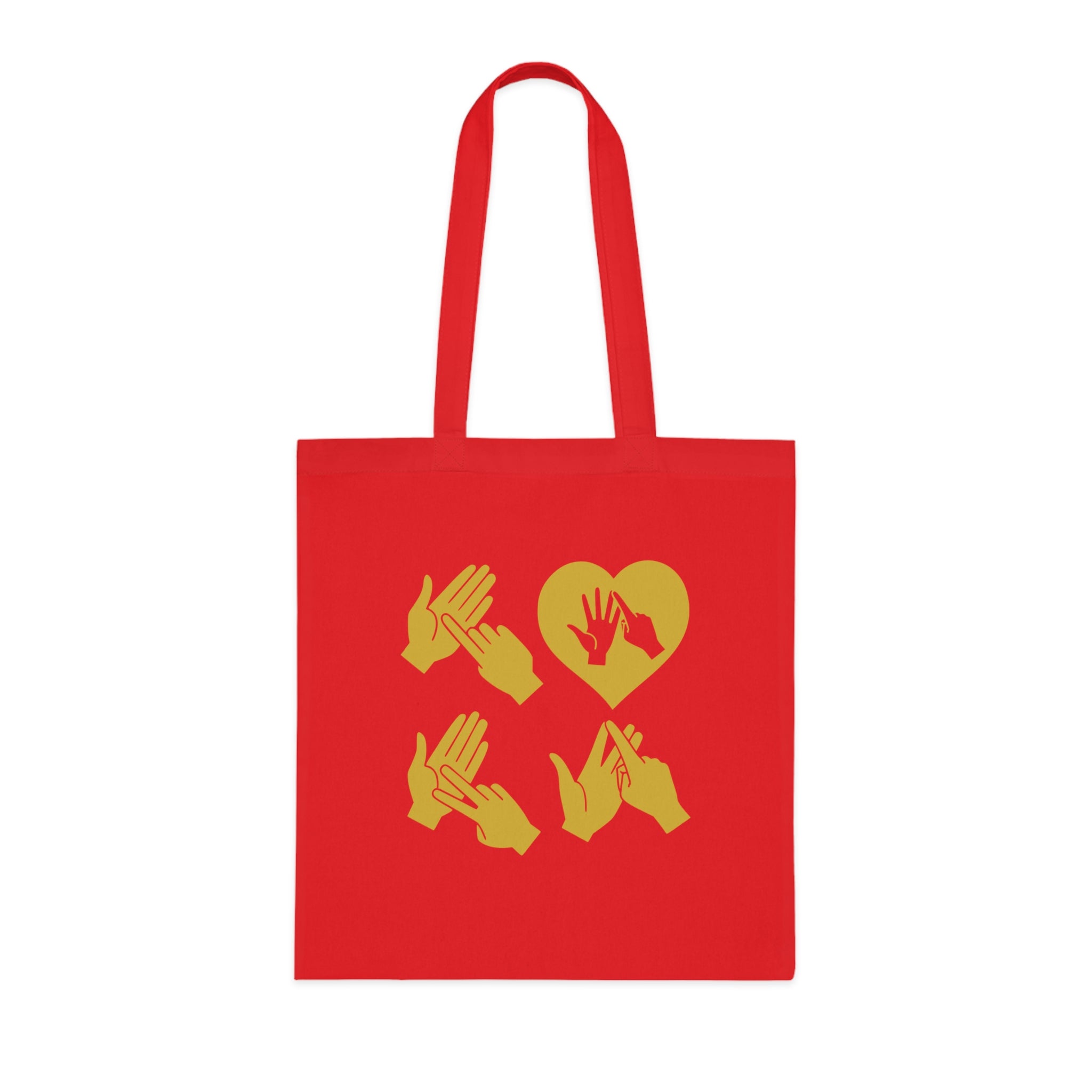 Red Tote Bag with the word Love in gold BSL Fingerspelling with the 'O' embedded in a heart shape