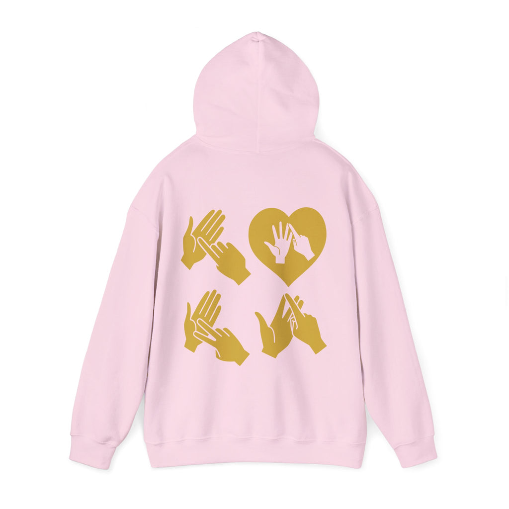 Back view of a light pink hoodie with the word Love in gold BSL Fingerspelling with the 'O' embedded in a heart shape
