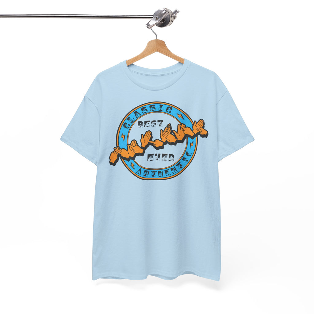 Light blue T-shirt with ‘Best Father Ever’ in BSL fingerspelling and text on the front, on a hanger against a white background