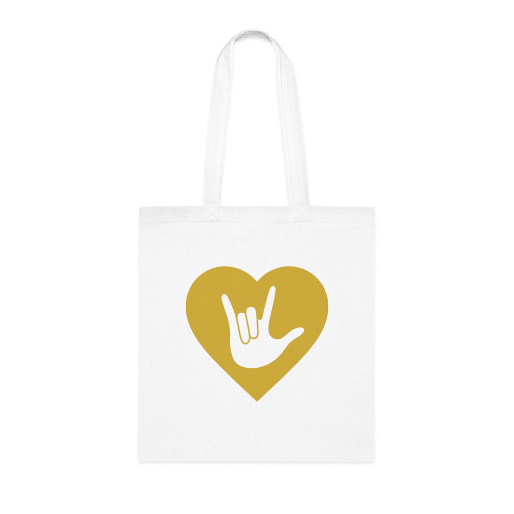 White Tote Bag showing a gold coloured heart with the iconic ASL I Love You sign embedded in it