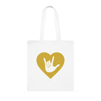 White Tote Bag showing a gold coloured heart with the iconic ASL I Love You sign embedded in it
