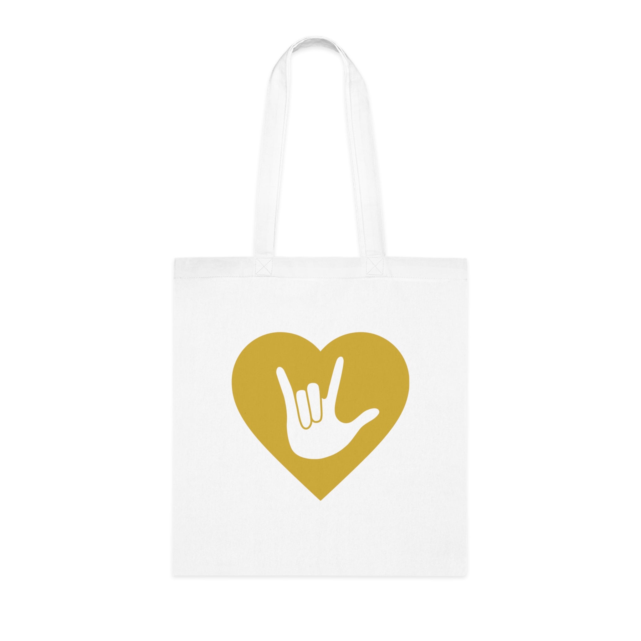White Tote Bag showing a gold coloured heart with the iconic ASL I Love You sign embedded in it