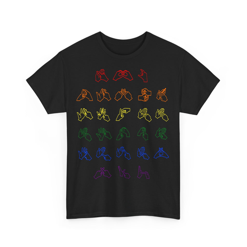 Front view of a black t-shirt with BSL Alphabet - Pride Fingerspelling