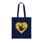 Navy blue Tote Bag showing a gold coloured heart with the iconic ASL I Love You sign embedded in it