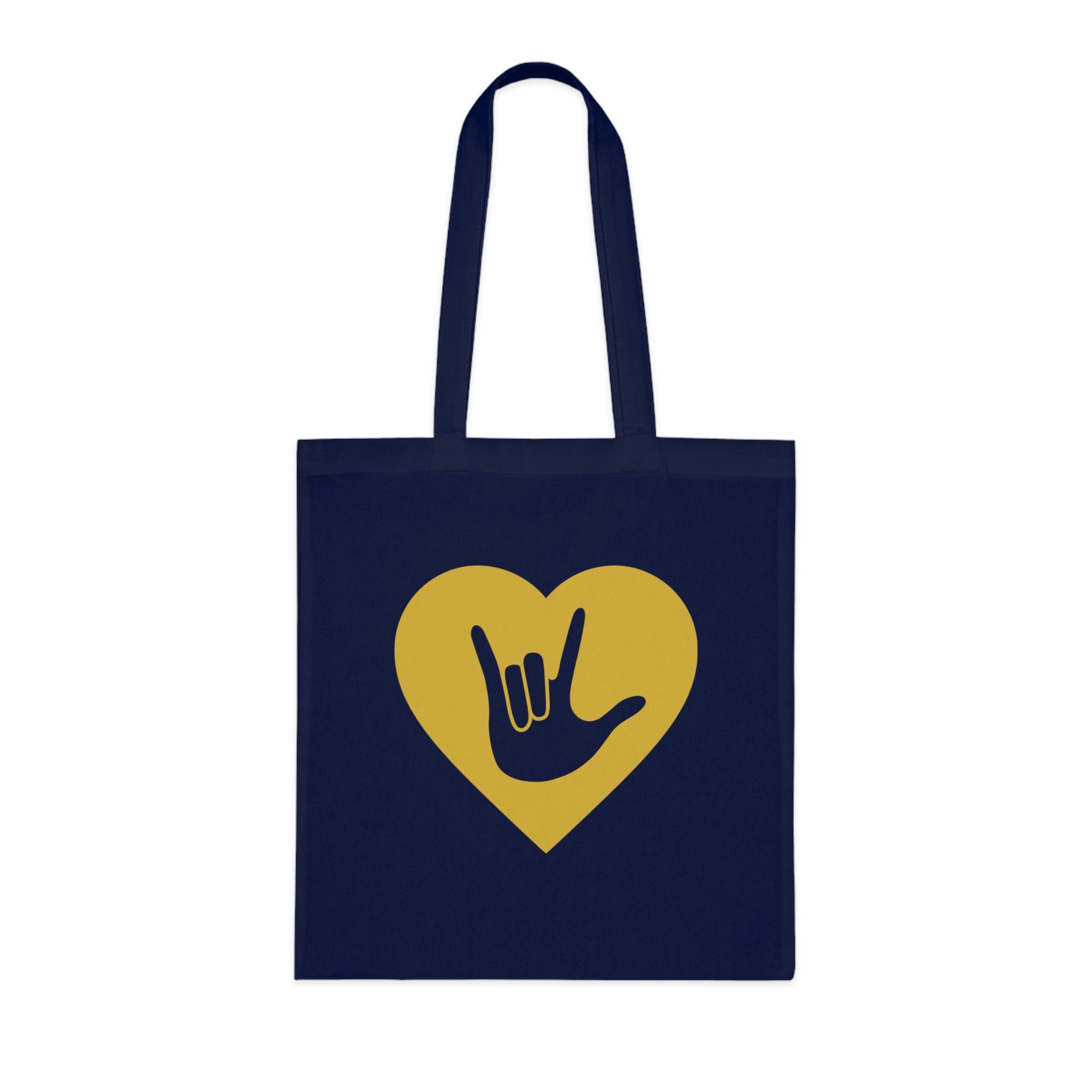 Navy blue Tote Bag showing a gold coloured heart with the iconic ASL I Love You sign embedded in it