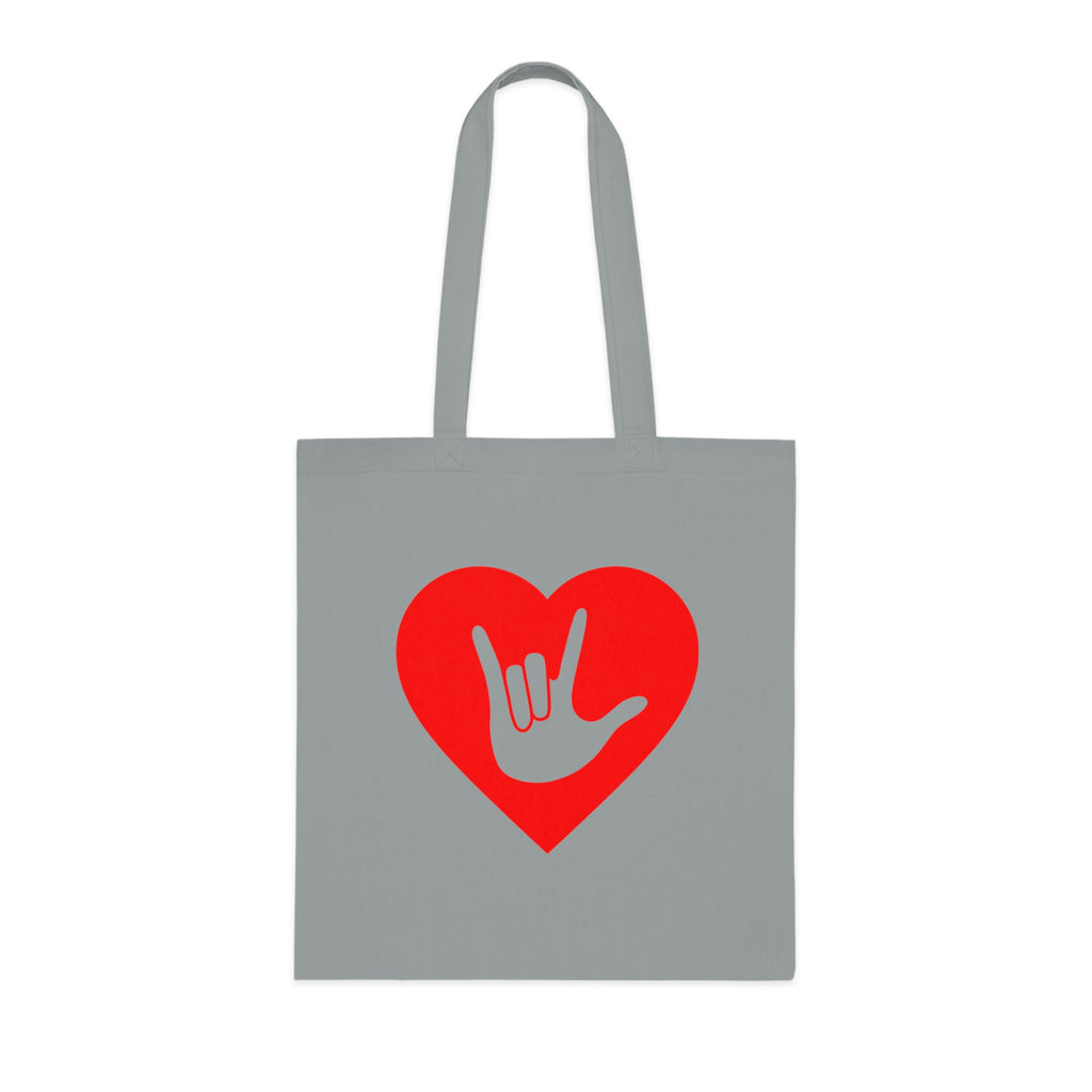 Grey Tote Bag showing a gold coloured heart with the iconic ASL I Love You sign embedded in it