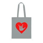 Grey Tote Bag showing a gold coloured heart with the iconic ASL I Love You sign embedded in it