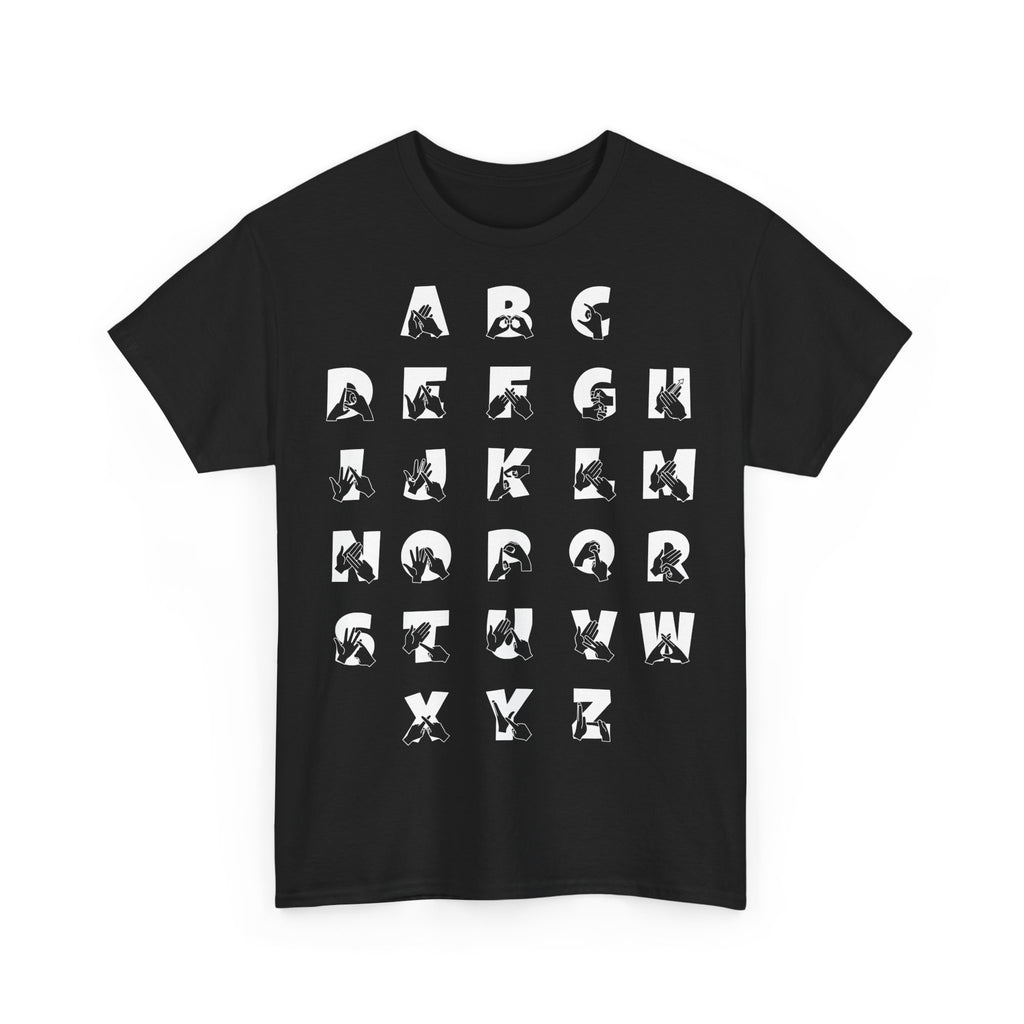 Front view of a Black t-shirt with BSL Alphabet - White Fingerspelling & Text