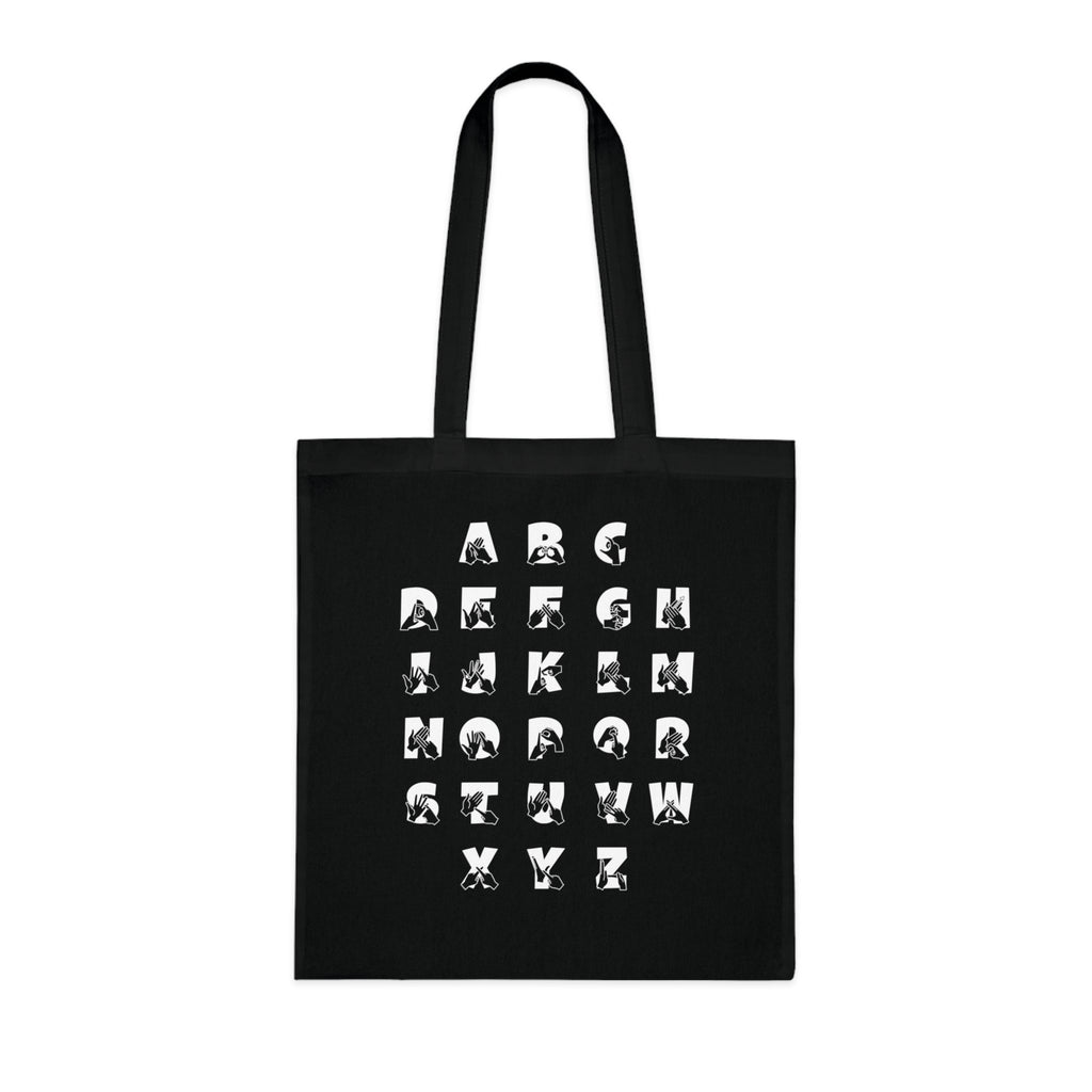 Black Tote Bag with BSL Alphabet - White Fingerspelling & Text