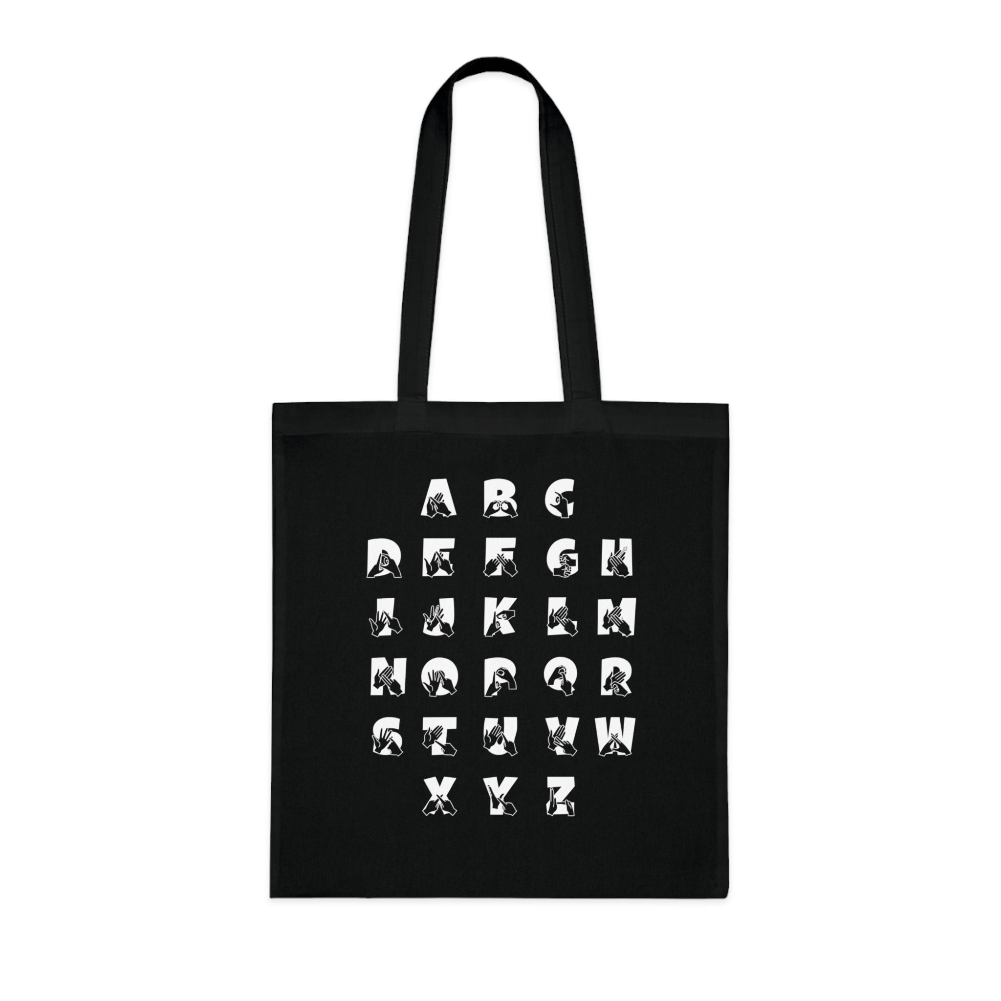 Black Tote Bag with BSL Alphabet - White Fingerspelling & Text