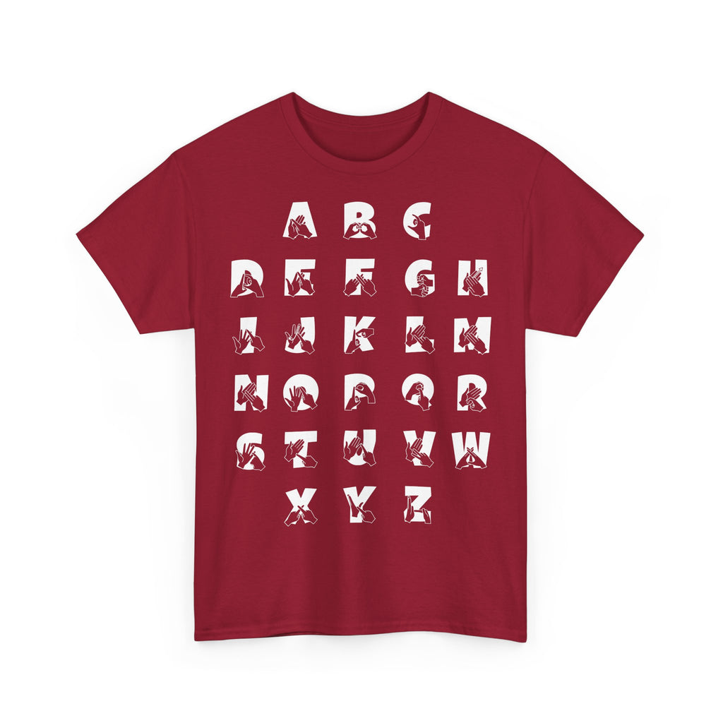 Front view of a Cardinal Red t-shirt with BSL Alphabet - White Fingerspelling & Text