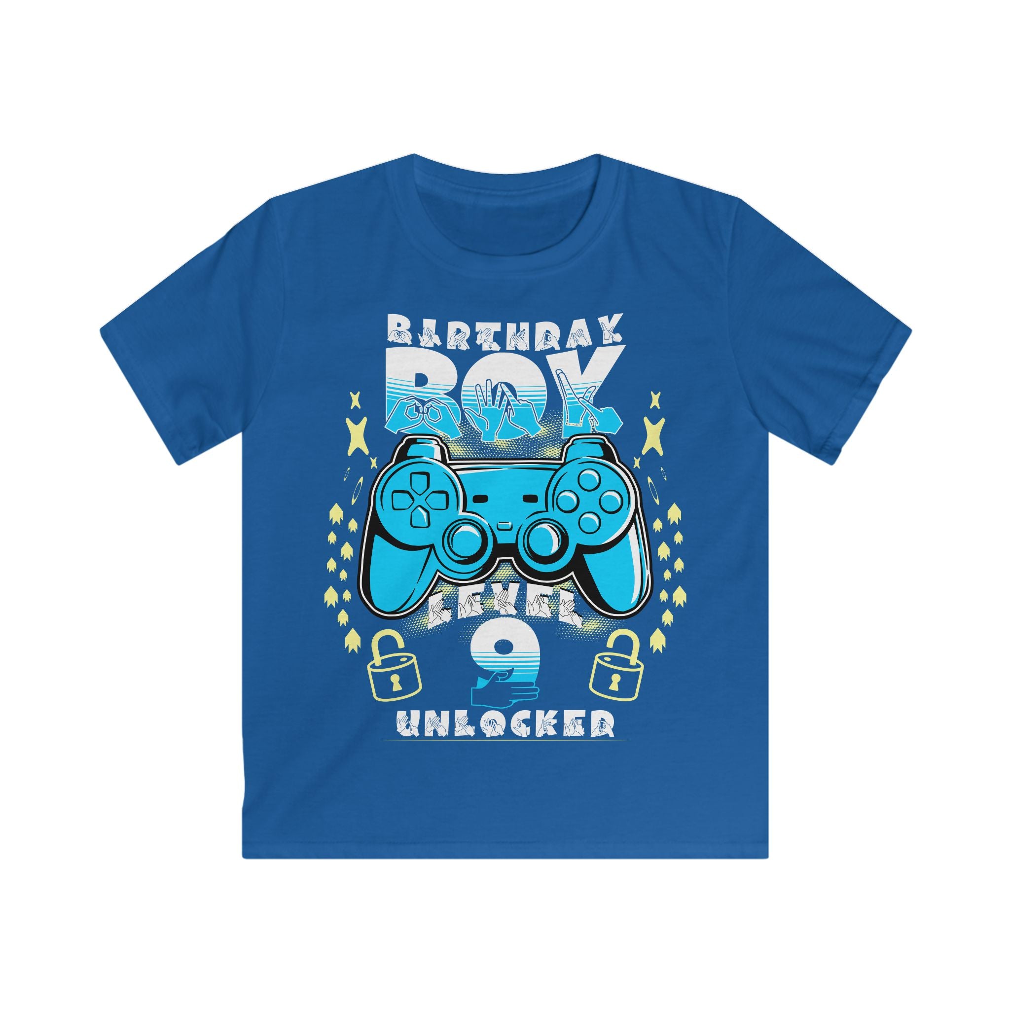 Royal t-shirt with the phrase "Birthday Boy" above a gaming controller, the word "Level" below it, a customisable age underneath, and stars surrounding the design.