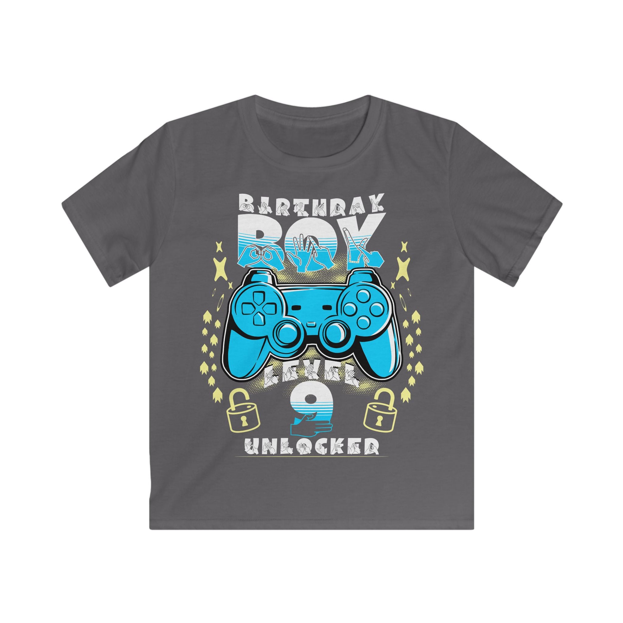 Charcoal t-shirt with the phrase "Birthday Boy" above a gaming controller, the word "Level" below it, a customisable age underneath, and stars surrounding the design.
