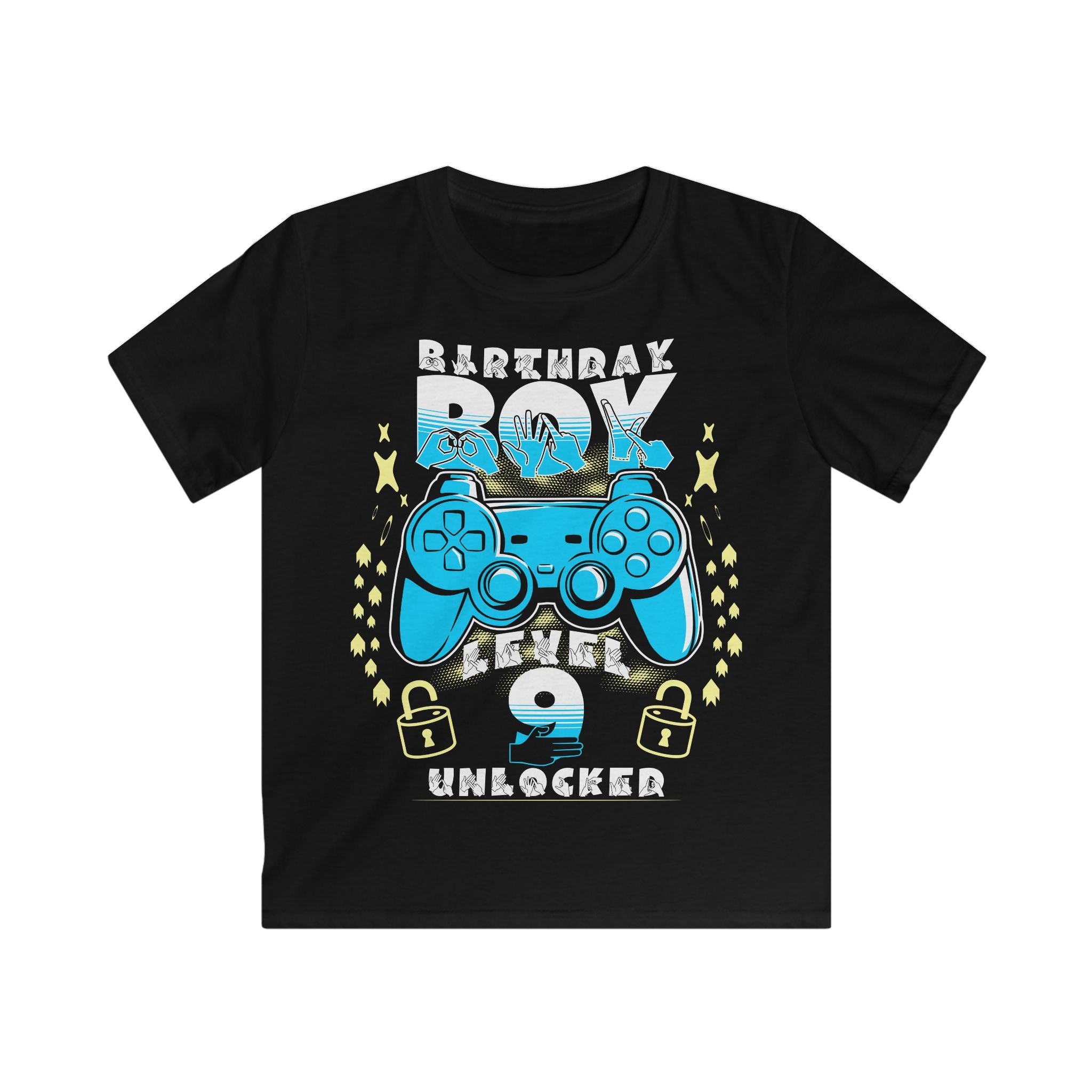 Black t-shirt with the phrase "Birthday Boy" above a gaming controller, the word "Level" below it, a customisable age underneath, and stars surrounding the design.