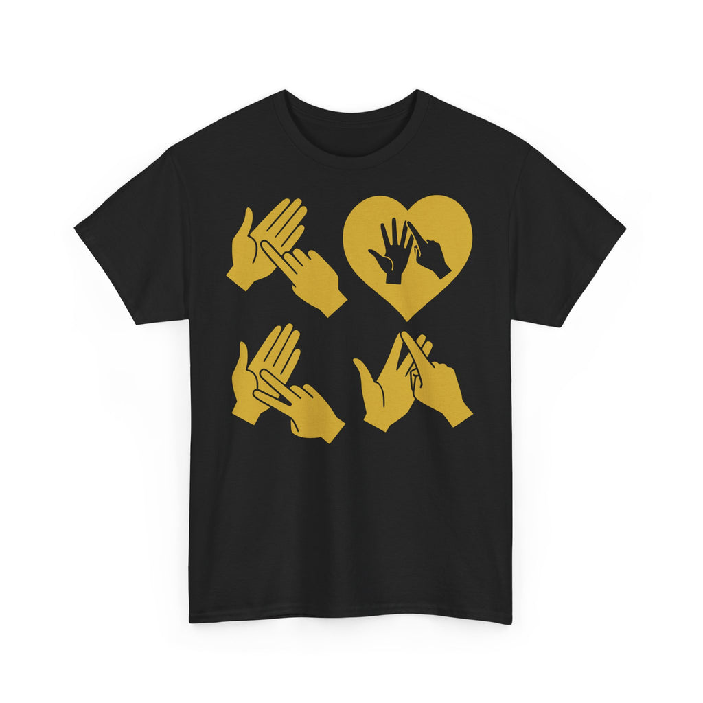 Front view of a black T-Shirt with the word Love in gold BSL Fingerspelling with the 'O' embedded in a heart shape